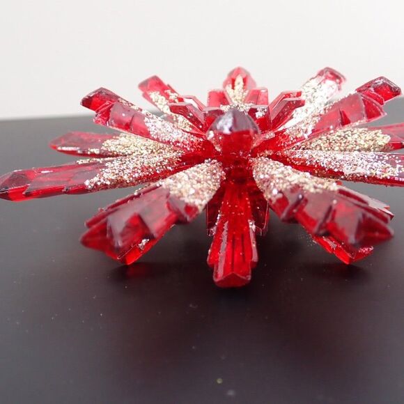 Vintage Ruby Red Gold Glitter Holiday Red 3D Snowflake Christmas Ornament 4.5" - Picture 4 of 9